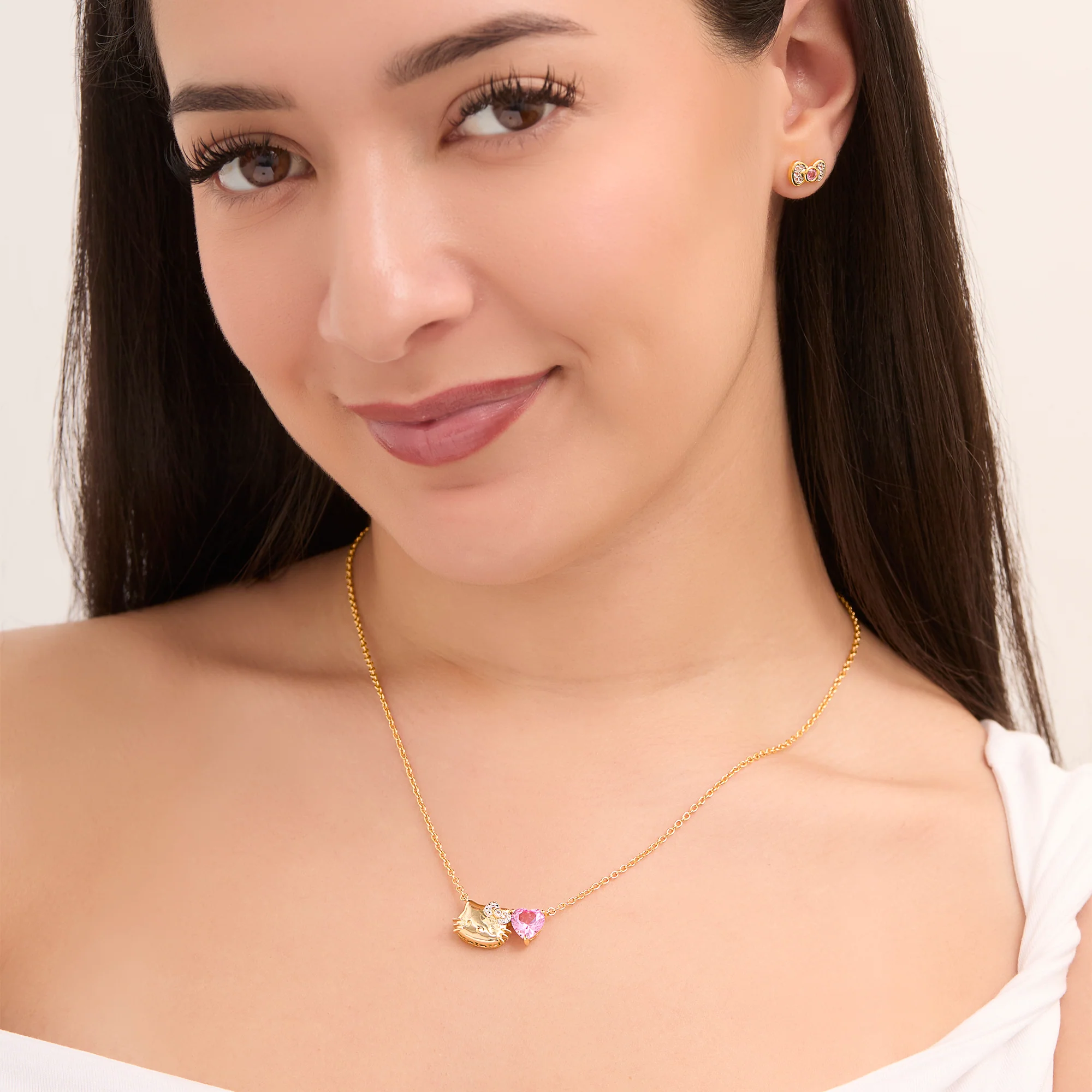 Hello Kitty 18" Two-Tone Gold Plated Face & Heart Necklace (Pink & White Sapphire) - Image 3