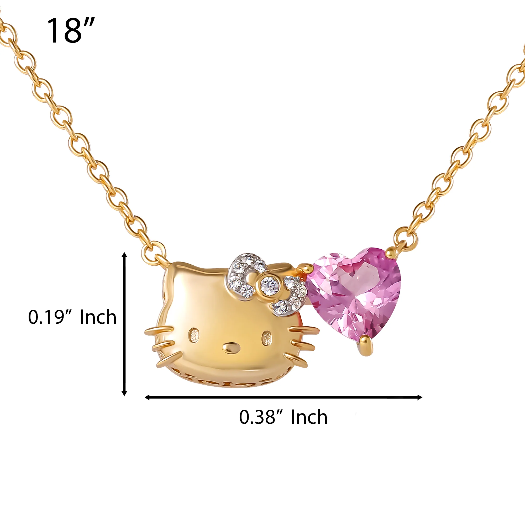 Hello Kitty 18" Two-Tone Gold Plated Face & Heart Necklace (Pink & White Sapphire) - Image 4