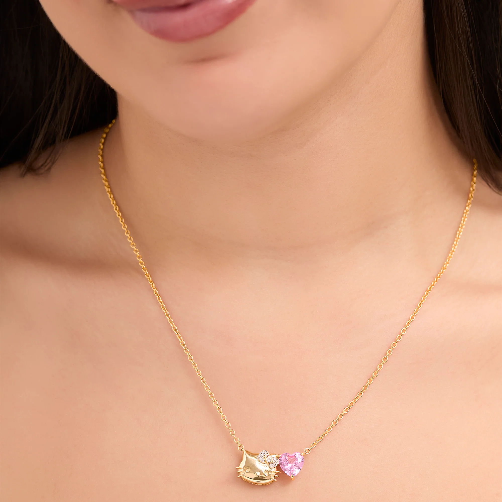 Hello Kitty 18" Two-Tone Gold Plated Face & Heart Necklace (Pink & White Sapphire) - Image 5