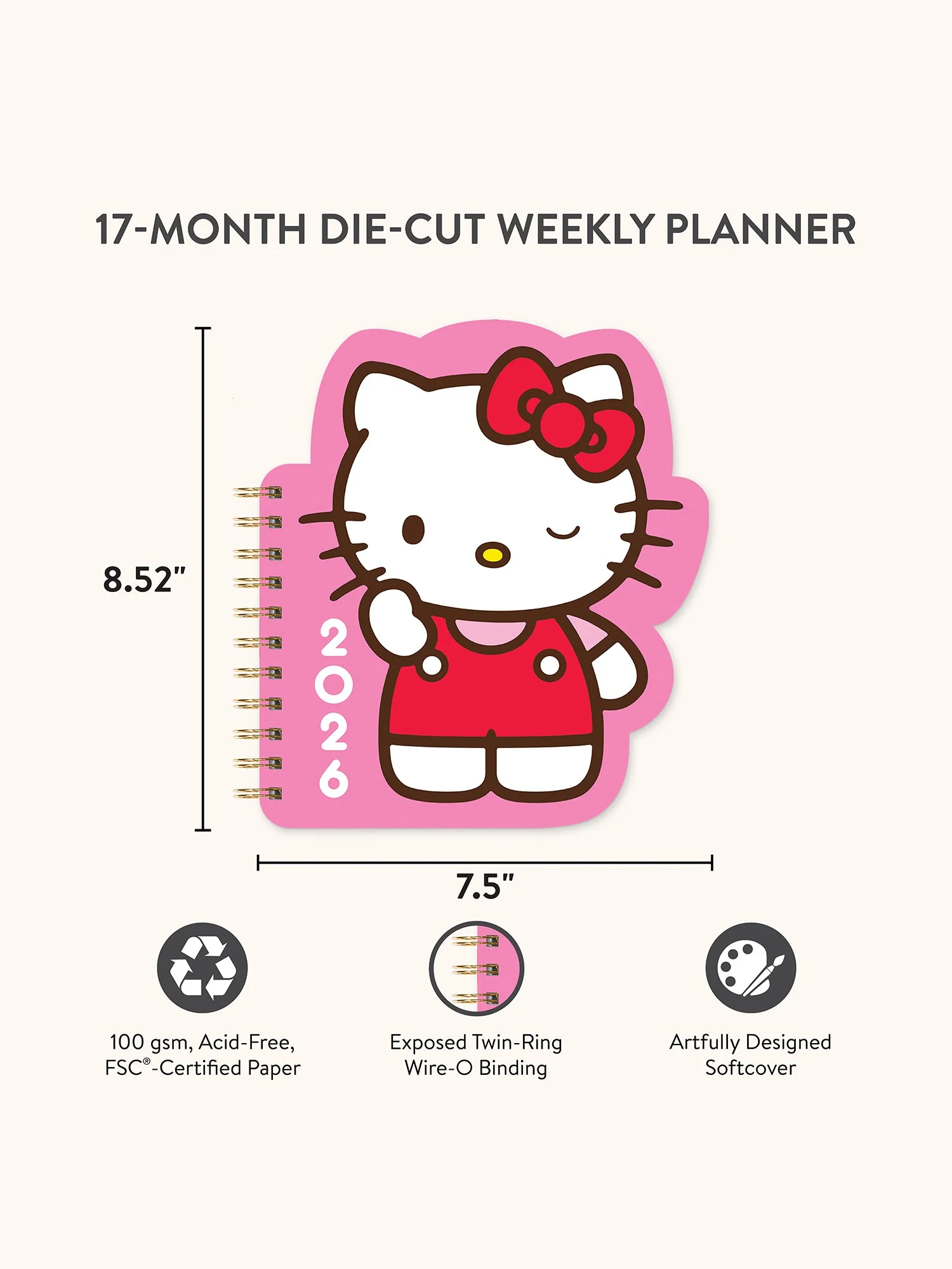 Hello Kitty x Studio Oh! 2026 Playful Pink Die-Cut Weekly Planner - Image 2