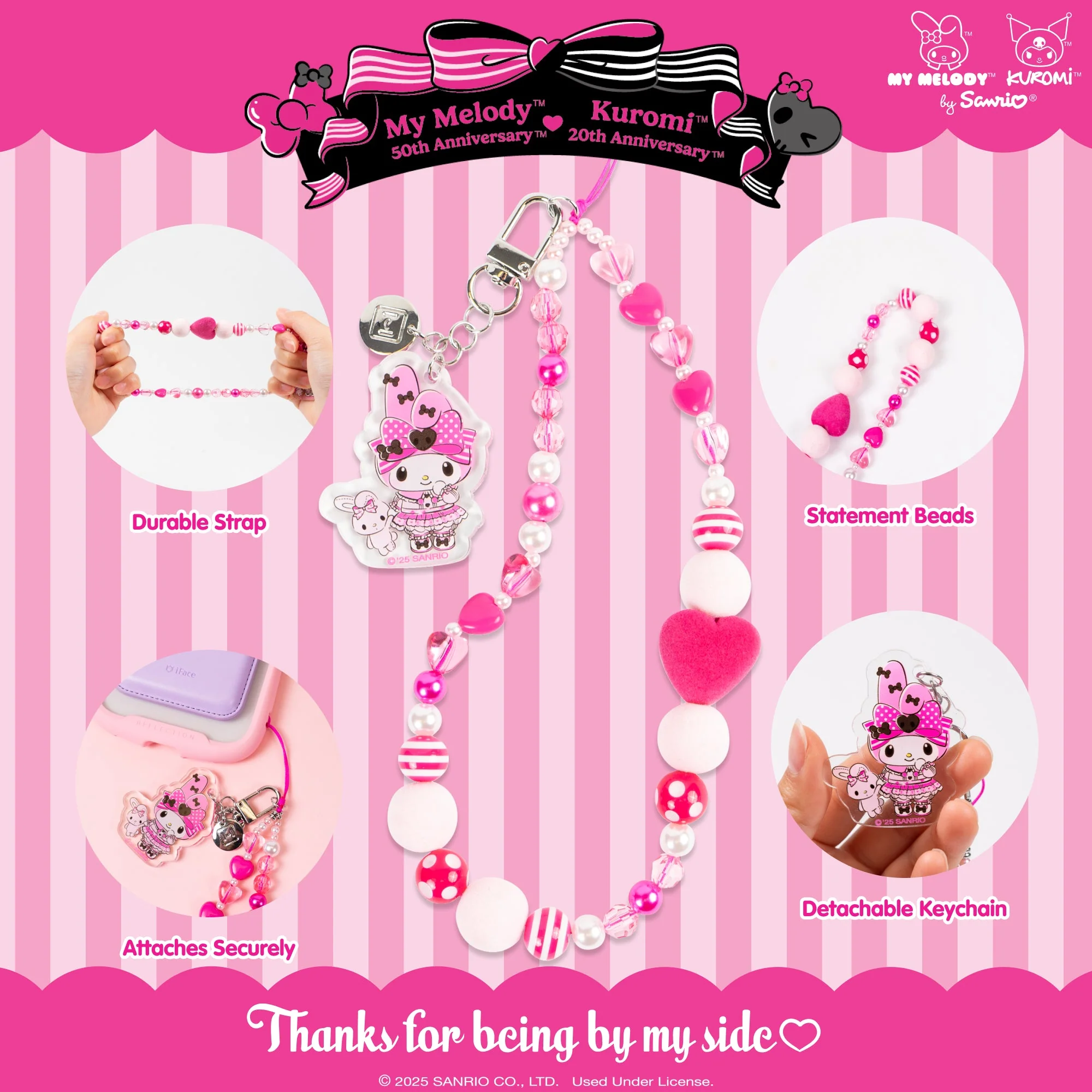 My Melody 50th Anniversary Beaded Charm Mobile Phone Wrist Strap - Image 2